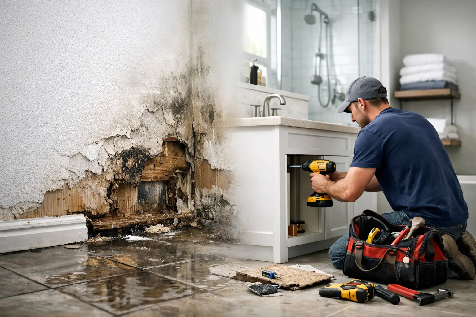 Water Damaged Bathroom Repair Example in Dallas Homes